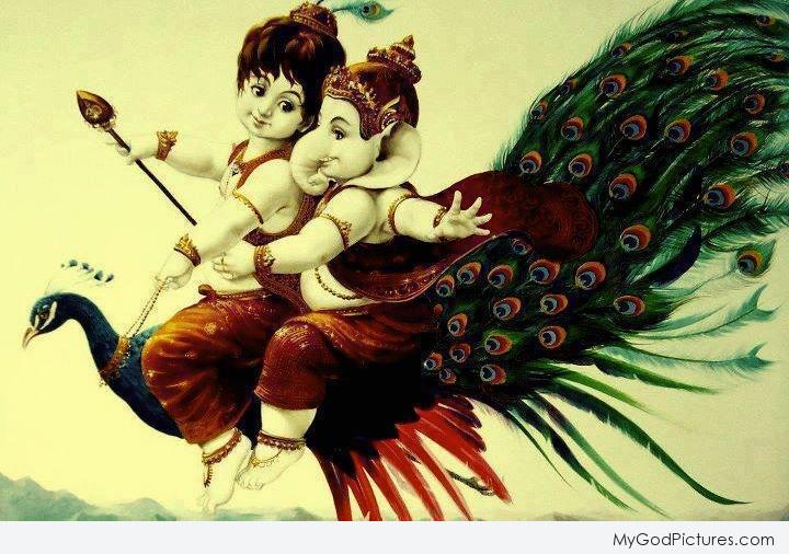 Kartikeya and Lord Ganesha Enjoying A Joyride. - God Pictures