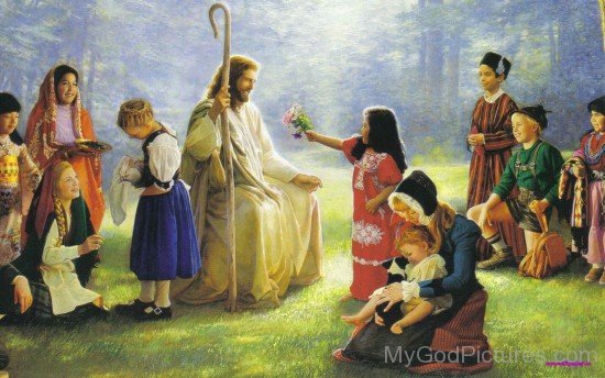 A Little Girl Giving A Flowers To Lord Jesus