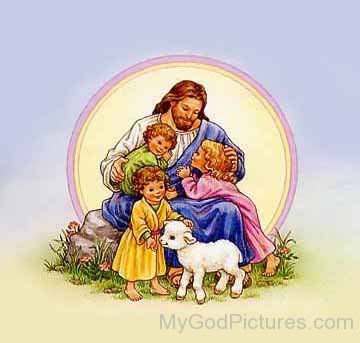 God Jesus Painting With Little Childs And Lamb