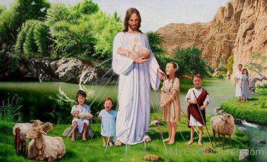 Lord Jesus With Childrens In Standing Pose
