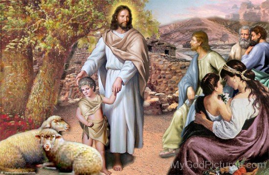 Lord Jesus With Lambs And Childs