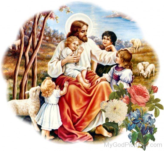Lord Jesus With Small Childs And Sheep