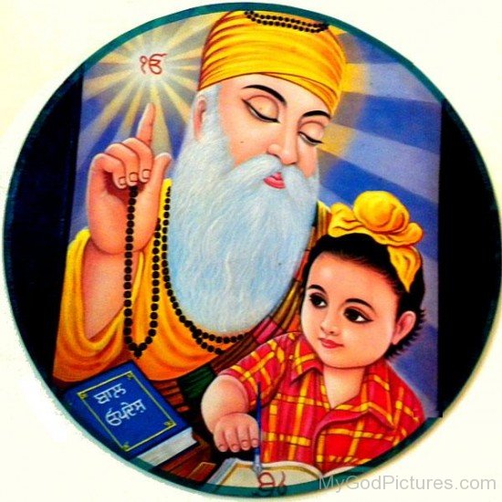 Beautiful Image Of Guru Nanak Dev Ji With Child