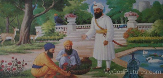 Guru Har Rai Ji Standing In Garden