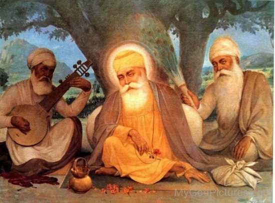 Image Of Guru Nanak Dev Ji Sitting With Raggis