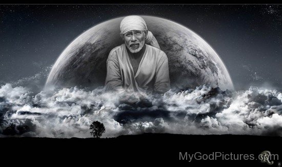 Black And White Image Of Sai Baba Ji