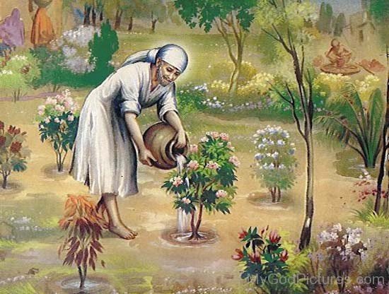 Painting Of Sai Baba Ji Watering Plant