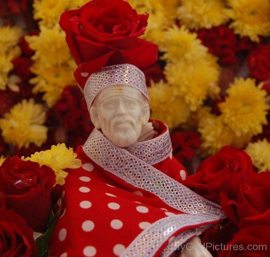 Picture Of Sai Baba Ji In Red DRess