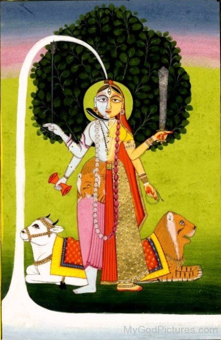 Ardhanarishvara Standing With Nandi And Lion