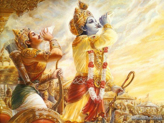 Arjuna And Lord Krishna Blowing Conchshells