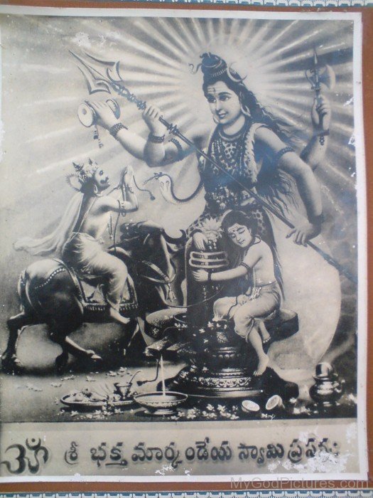 Black And White Image Of Lord Shiva And Markandeya