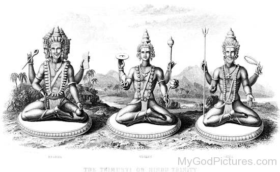 Black And White Picture Of Lord Brahma,Lord Vishnu And Lord Shiva