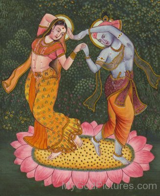 Lord Krishna And Goddess Radha Doing Raas