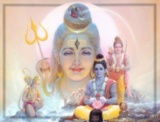 Lord Rama,Lakshmana And Hanuman Worship Lord Shiva