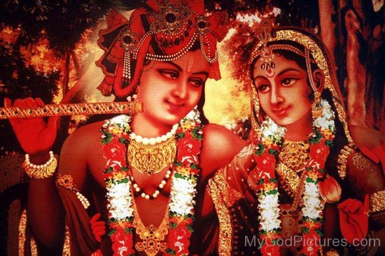 Red Image Of Lord Krishna And Goddess Radha